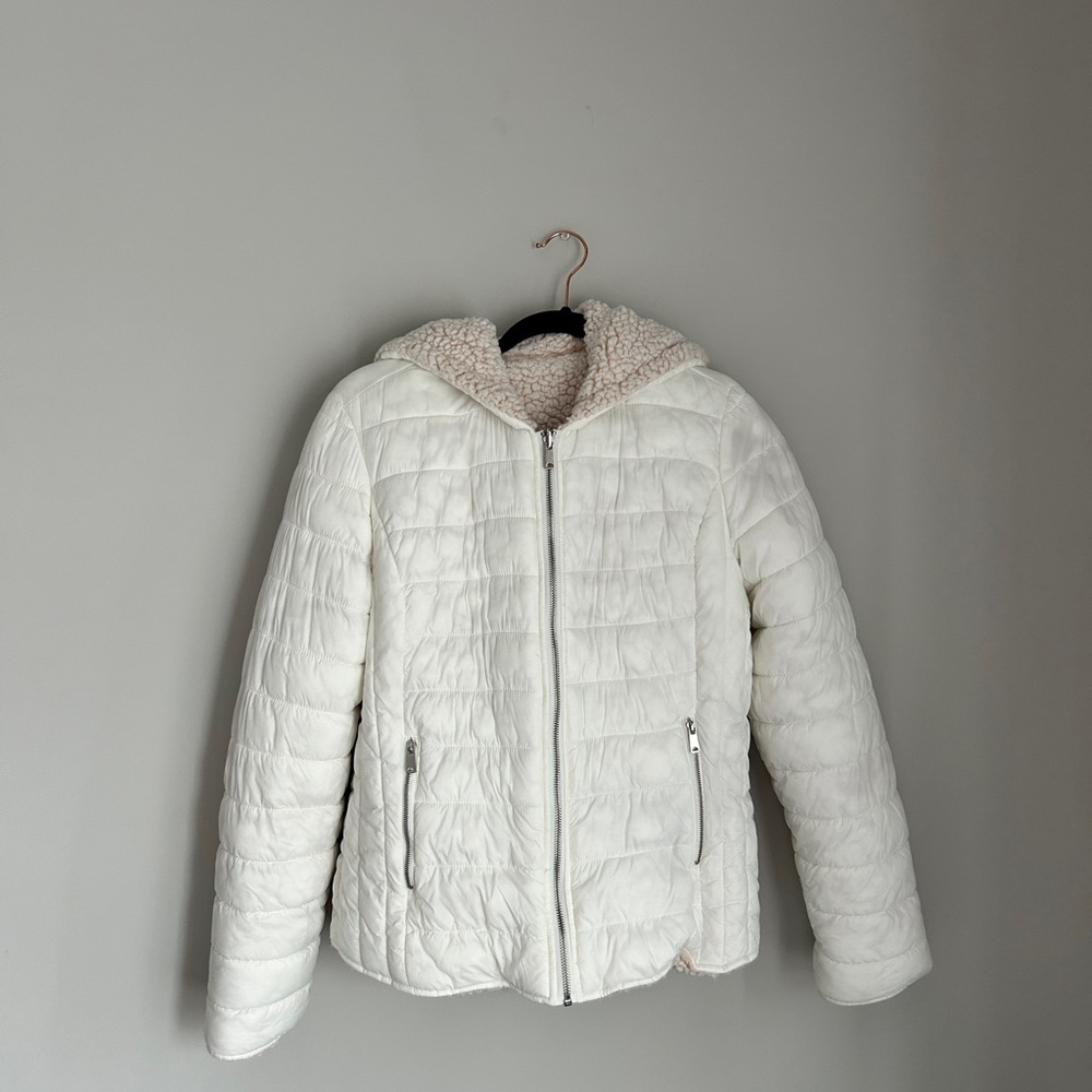 White Quilted Puffer and Sherpa Reversible Jacket